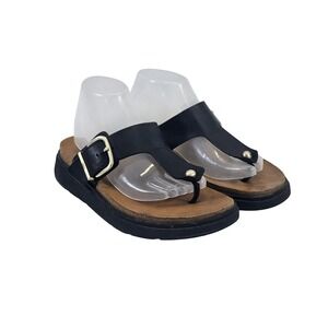 FitFlop Lulu Buckle Sandals Women Size 9 Black Solid Leather Thong Platform EUC